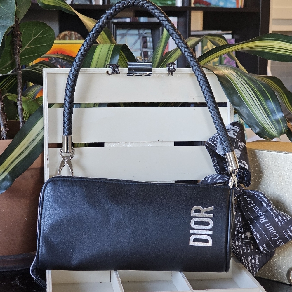 Christian Dior Black Oblong Clutch w/Leather Strap & Twilly Added